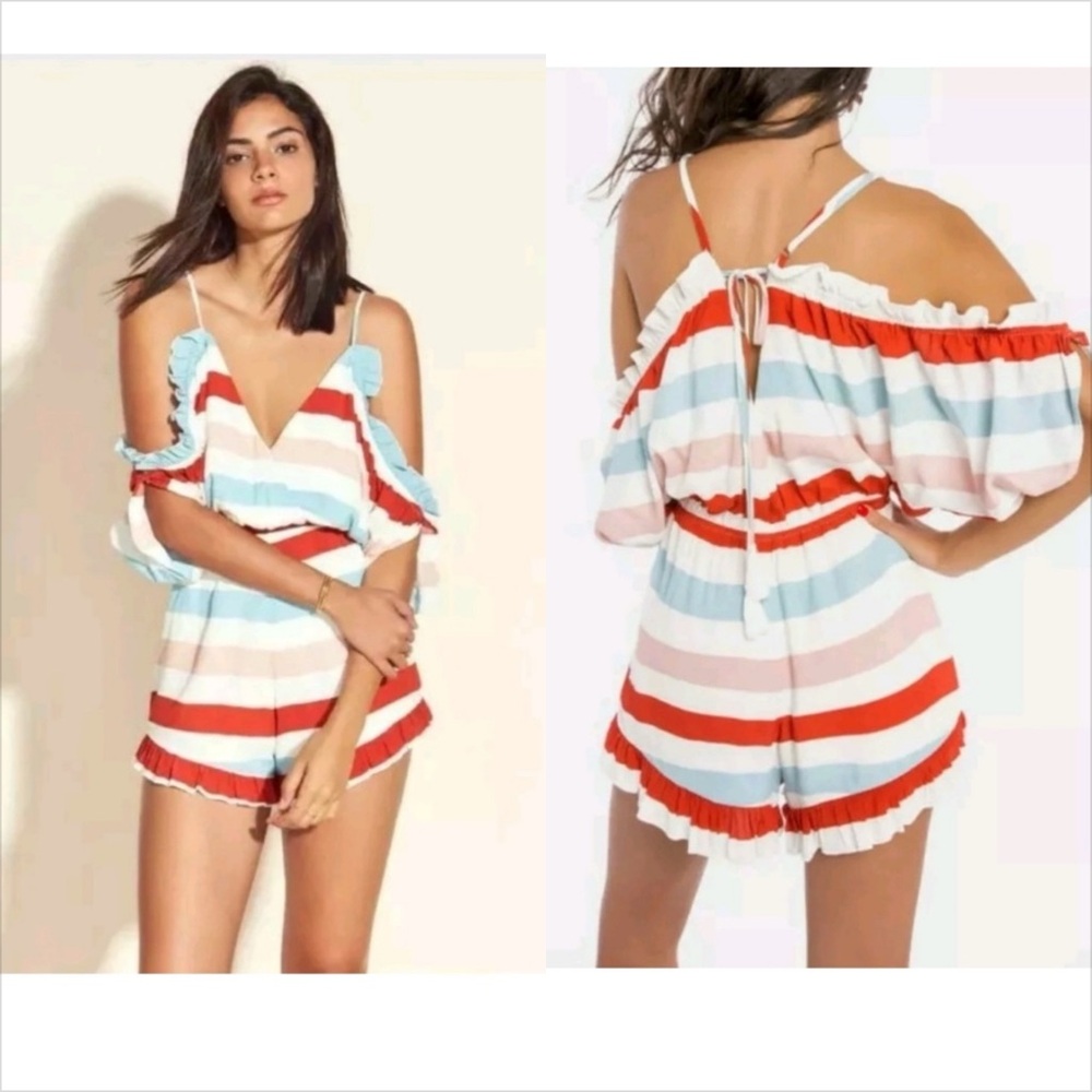 Lovers and Friends Malia Ruffled Cold Shoulder Striped Romper